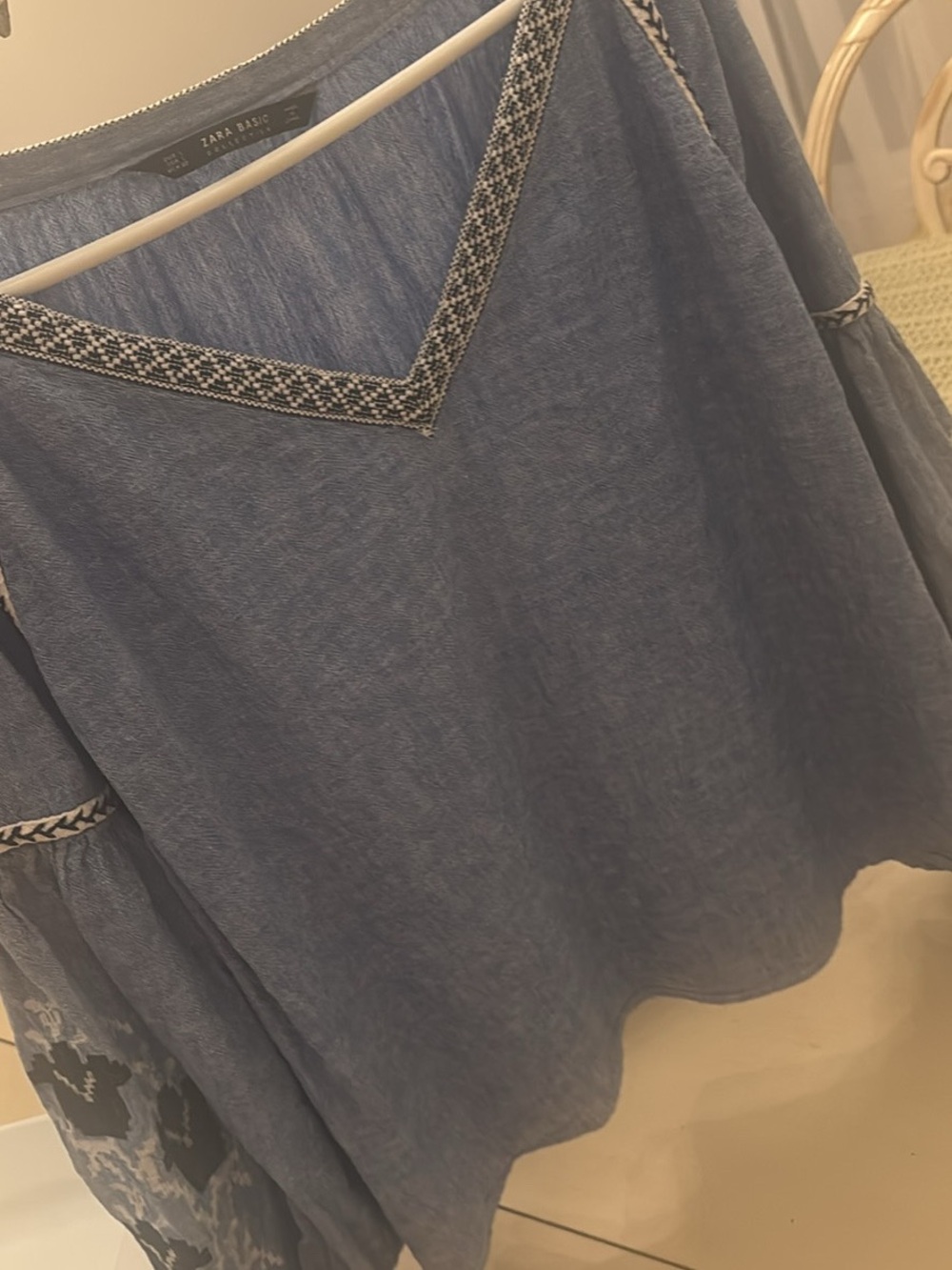 Zara Blue Embroidered V-Neck Peasant Blouse